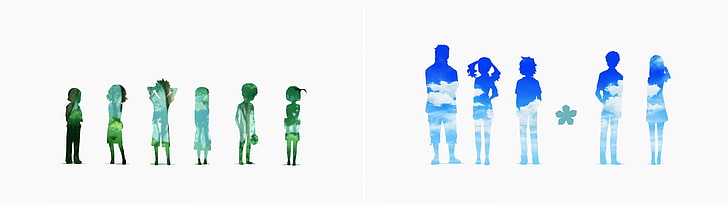 green and blue silhouettes of people digital wallpaper, anime
