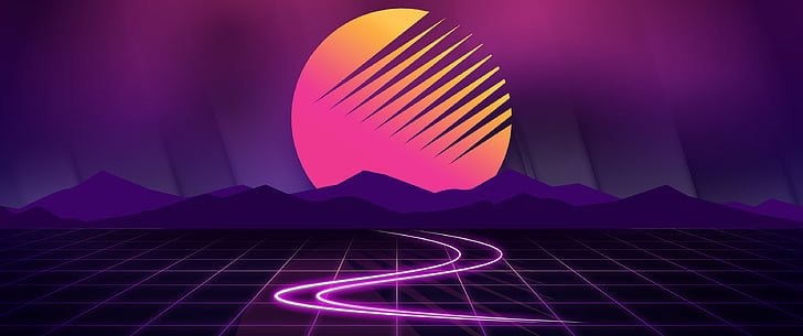 purple and yellow hills and moon illustration, Mountains, Neon