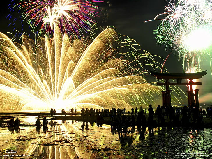 torii, Japan, festivals, fireworks, crowds, National Geographic, HD wallpaper