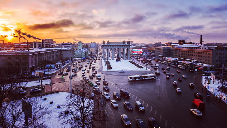 cityscape, St. Petersburg, Moscow Triumphal Gate, traffic, street