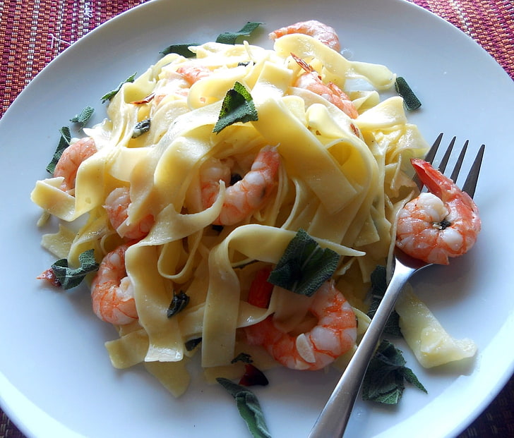 pasta with shrimp, noodles, delicious, food, food and drink, plate, HD wallpaper