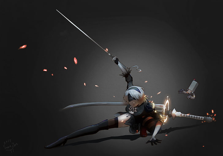 woman holding sword illustration, NieR, Nier: Automata, 2B (Nier: Automata)