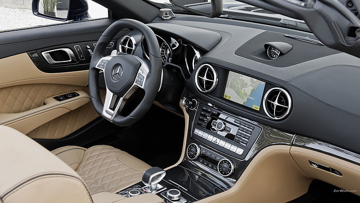 black Mercedes-Benz vehicle interior, Mercedes SL 65 AMG, car, HD wallpaper