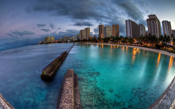 fish eye lens photography of calm body of water near high-rise building, HD wallpaper