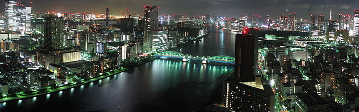 Tokyo city night, buildings, skyscrapers, river, bridge, lights, Japan, aerial photography of city