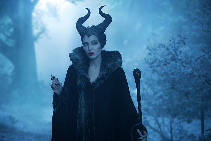 Maleficent, Angelina Jolie, Disney, demon horns, staff, cold temperature, HD wallpaper