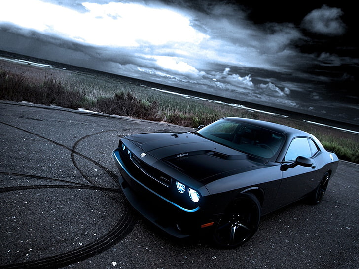 black Dodge Challenger coupe, car, transportation, cloud - sky, HD wallpaper