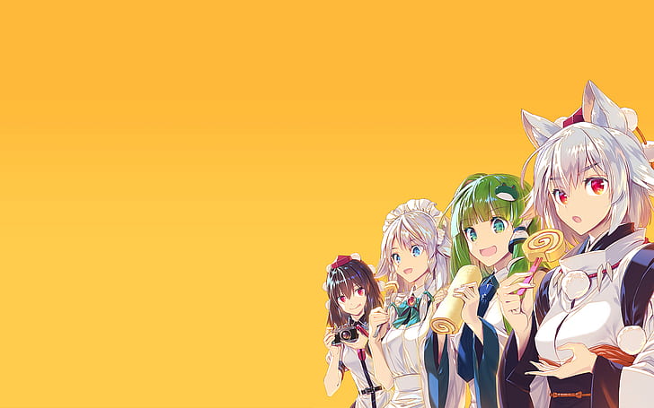 Touhou, anime, anime girls, kitsunemimi, Izayoi Sakuya, yellow background, HD wallpaper