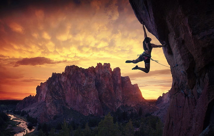 woman climbing cliff wallpaper, sports, landscape, women, mountains, HD wallpaper