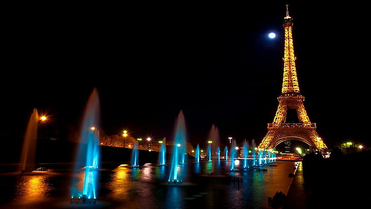 paris, eiffel tower, fountains, france, europe, moon, night