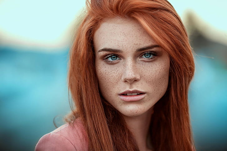 women, redhead, freckles, face, portrait, blue eyes, looking at viewer