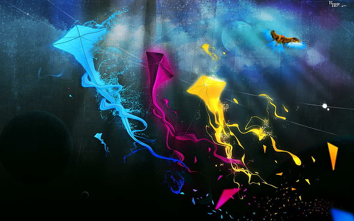 Kites Of Colour, nice, colours, colourful, 3d and abstract