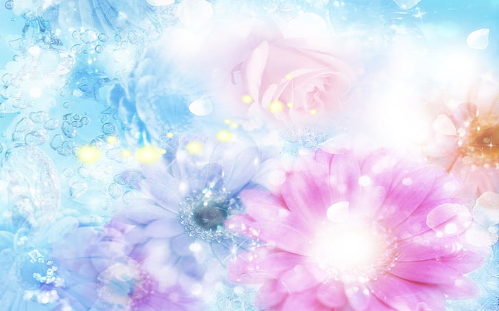 pink flower illustration, blue, flowers, blurred, background