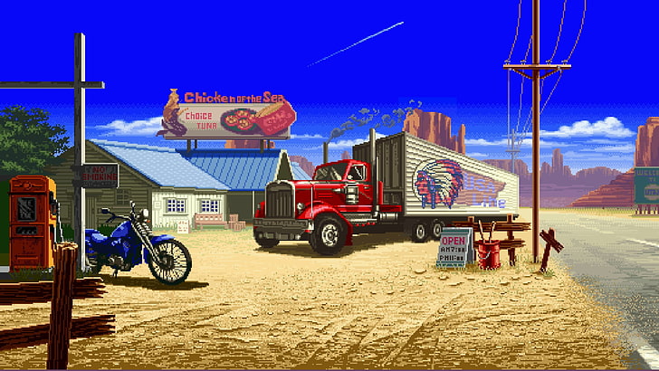red trailer truck digital artwork, pixel art, pixelated, pixels, HD wallpaper