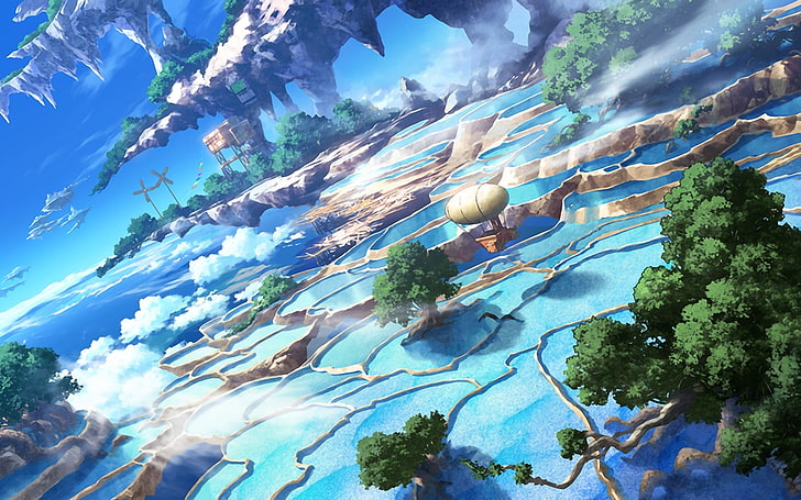 game digital illustration, anime, artwork, water, nature, cloud - sky, HD wallpaper