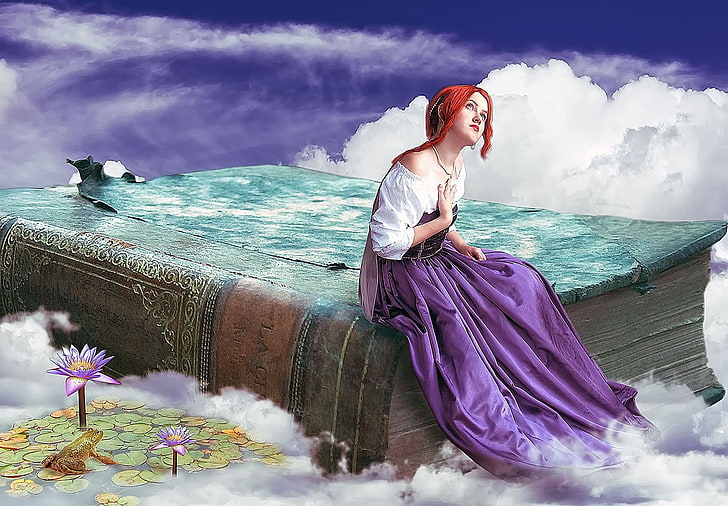 artwork, fantasy art, women, redhead, one person, water, cloud - sky