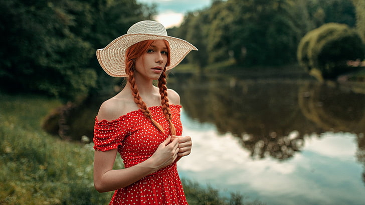 women, redhead, hat, dress, women outdoors, bare shoulders, HD wallpaper