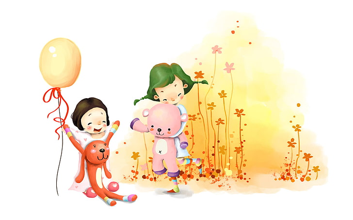pink teddy bear illustration, flowers, children, girls, toys, HD wallpaper