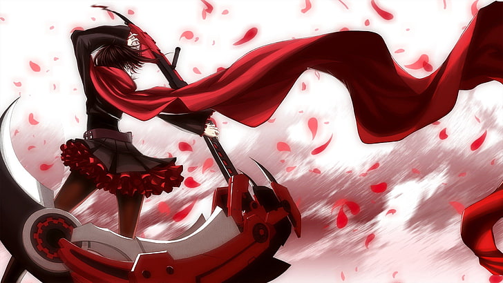 RWBY, Ruby Rose (character), scythe, anime, anime girls, flower petals, HD wallpaper