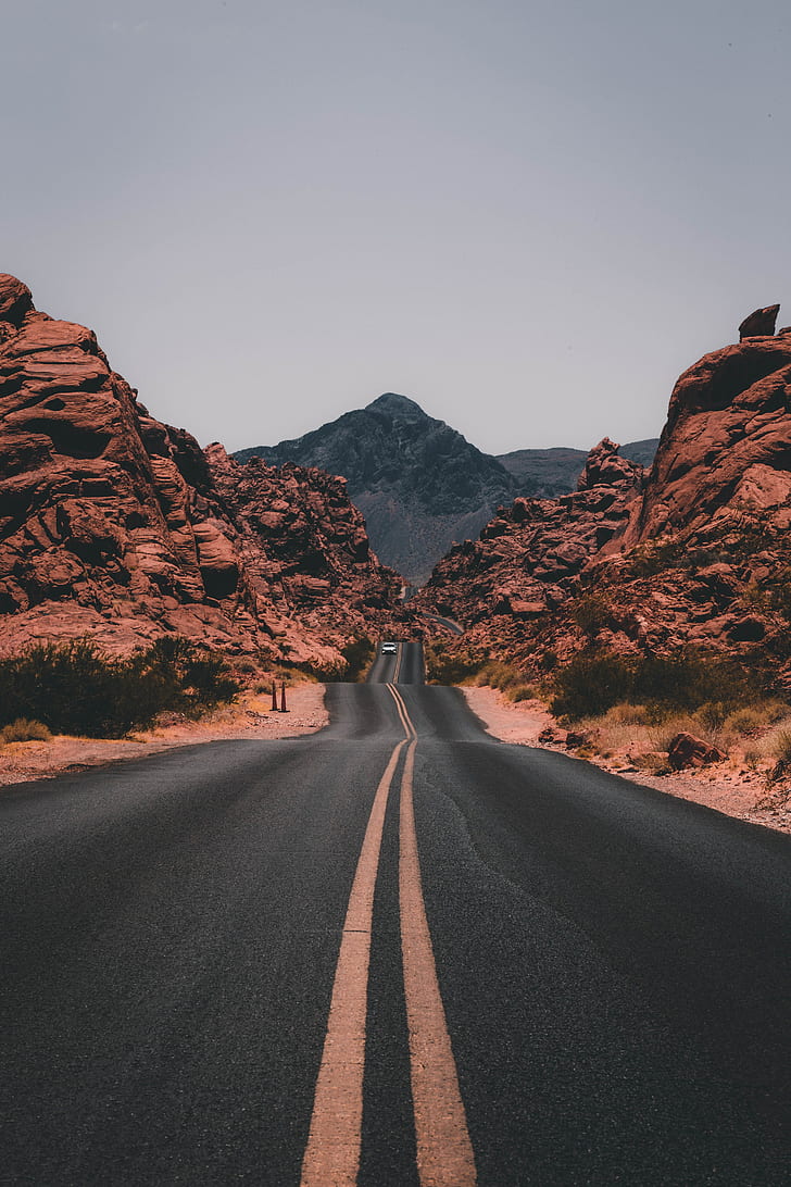 USA, road, plants, rocks, car, valley, Valley of Fire State Park, HD wallpaper