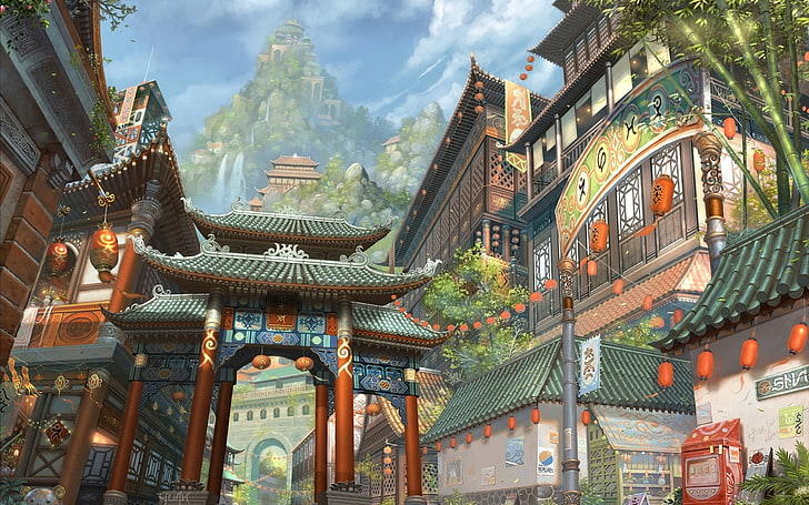 Chinese lantern, gate, and house digital wallpaper, art, asia, HD wallpaper
