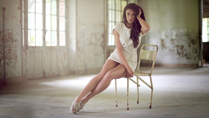 women's white dress, model, brunette, Marion Amélineau, chair, HD wallpaper