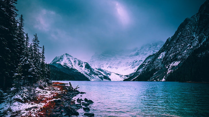 mountains covered with snow, lake, water, Canada, beauty in nature, HD wallpaper