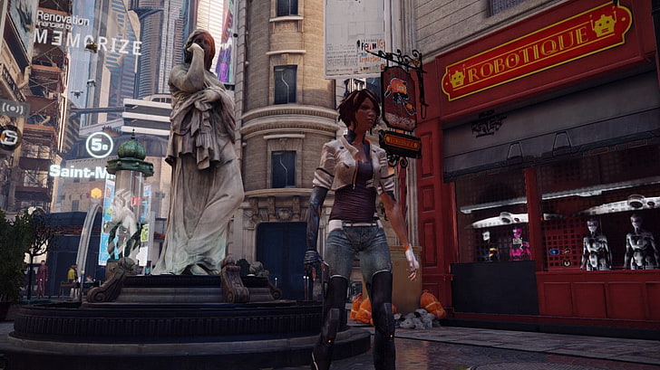 woman standing near statue game application, screen shot, video games, HD wallpaper