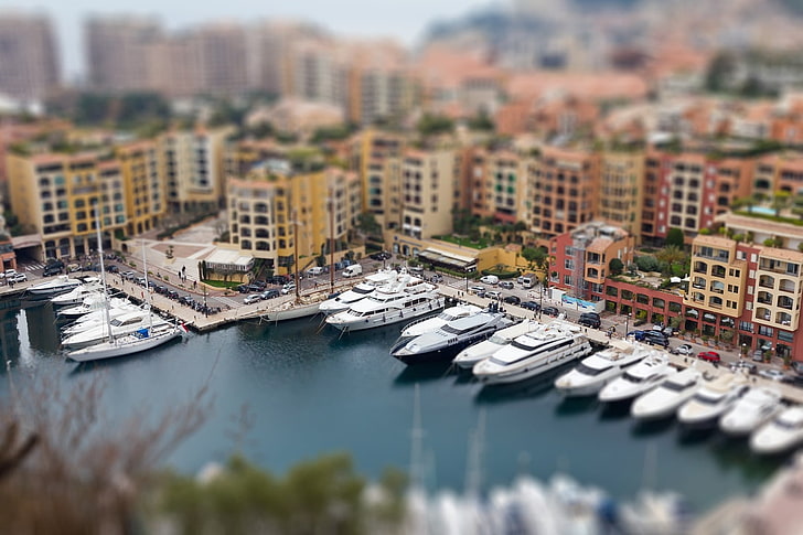 white yachts, Dayorama of boat dock, architecture, house, tilt shift, HD wallpaper