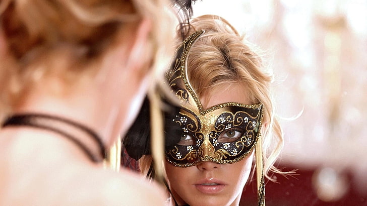 brown masquerade mask, blonde, eyes, ball, emotions, women, people