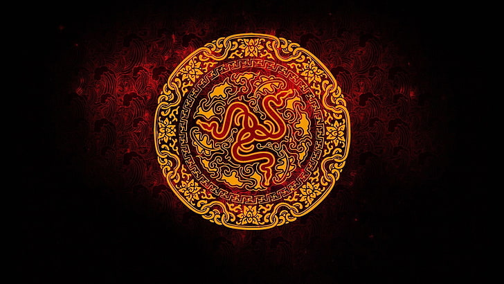 Razer logo, Chinese, red background, pattern, indoors, no people, HD wallpaper