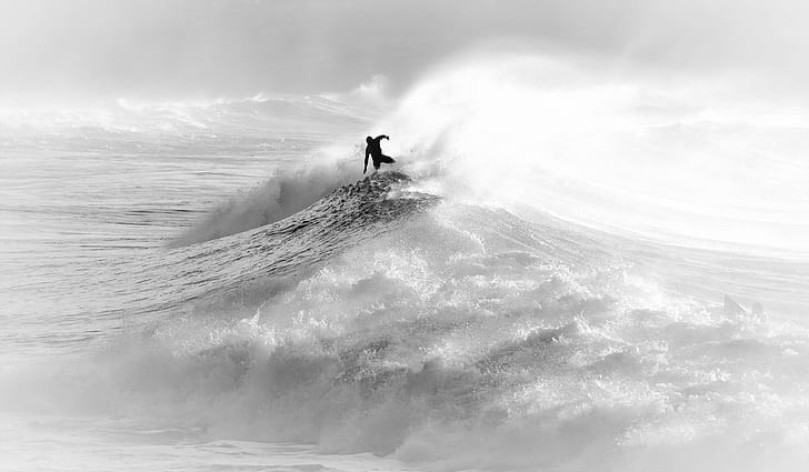 person surfing, grayscale photography of surfer on wave, waves, HD wallpaper