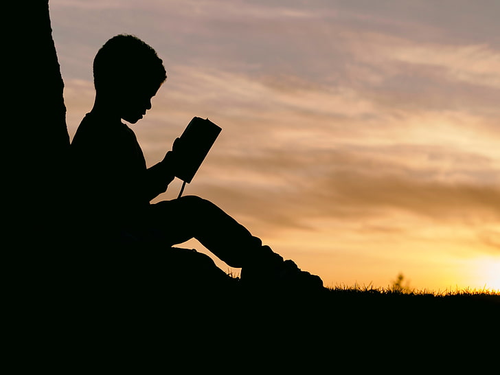 silhouette of boy reading book, child, sunset, outdoors, people