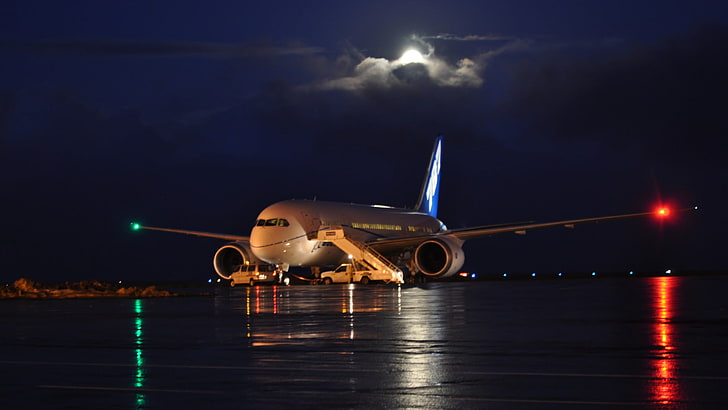 white airplane, night, lights, aircraft, passenger aircraft, air vehicle, HD wallpaper