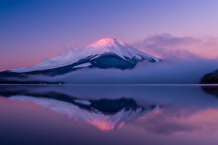 Volcanoes, Mount Fuji, Fog, Japan, Purple, Reflection, Summit