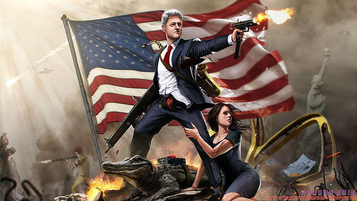 Bill Clinton wallpaper, humor, flag, USA, McDonald's, artwork, HD wallpaper