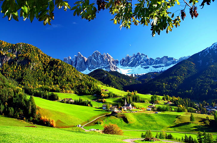 Val di Funes-Italy, green grass field, lovely, mountain, nice, HD wallpaper