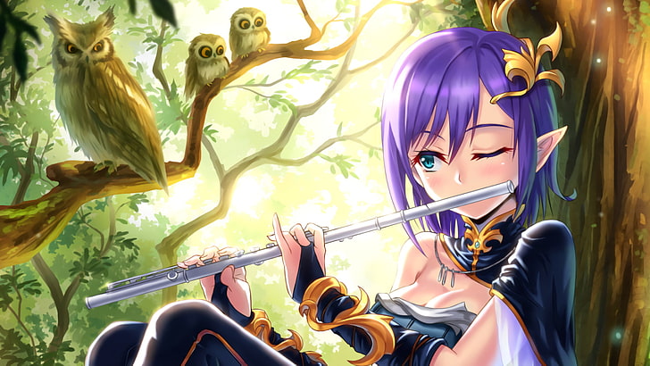 purple-haired female anime character illustration, artwork, anime girls