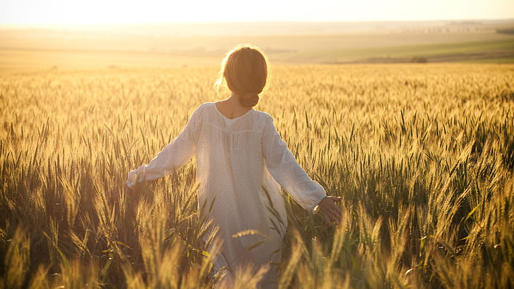 wheat, field, women, the sky, dom, girl, happiness, yellow