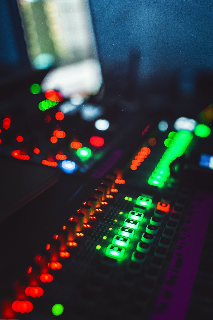 green and red LED buttons, mixing console, backlight, dj, electronic device, HD wallpaper