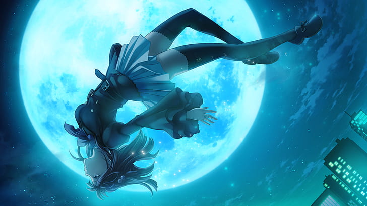 anime girls, Moon, legs, upside down, flying