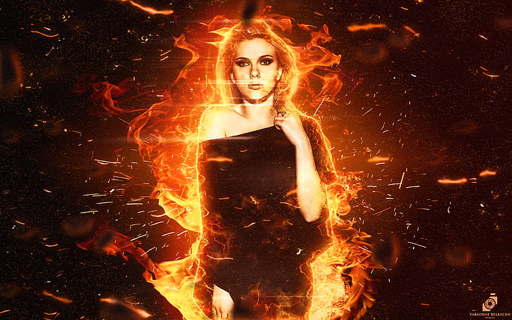 Scarlett Johansson, fire, Hollywood, red, actress, women, HD wallpaper