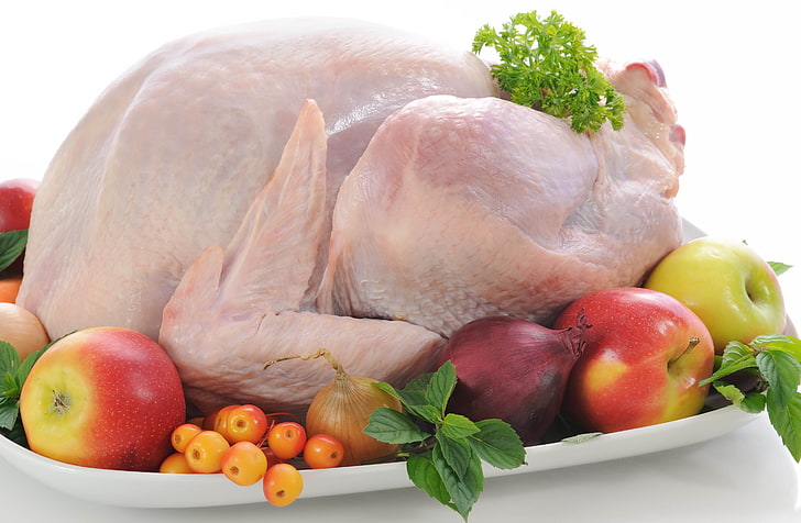 chicken near fruits, chicken dishes, table, plate fruit, vegetables