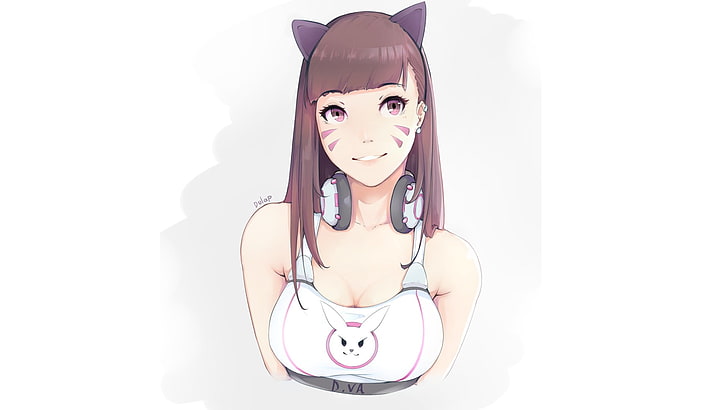 female anime character illustration, D.Va (Overwatch), cleavage