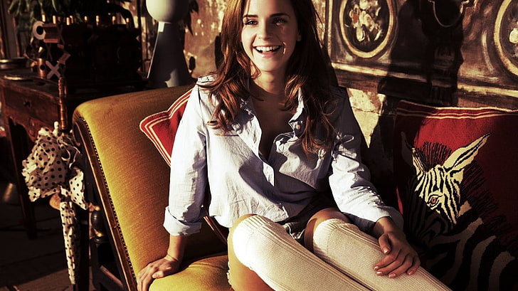 Emma Watson, smiling, actress, women, long hair, couch, socks, HD wallpaper
