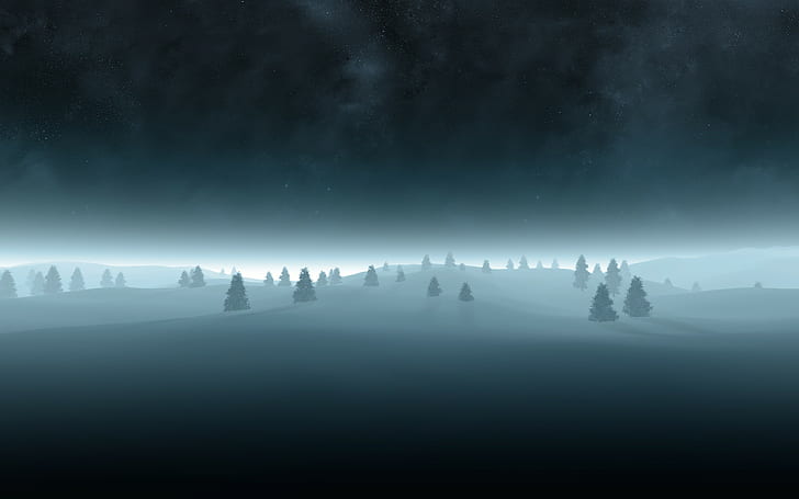 mist, winter, landscape, sky, night, nature, HD wallpaper