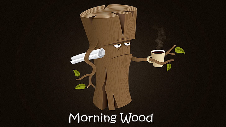 brown wood anime illustration, simple, coffee, paper, humor, morning