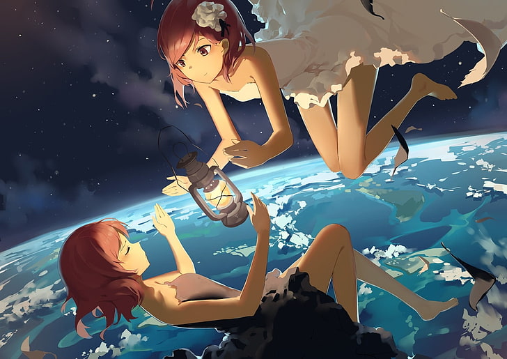 two red-haired female anime characters, anime girls, space, dress