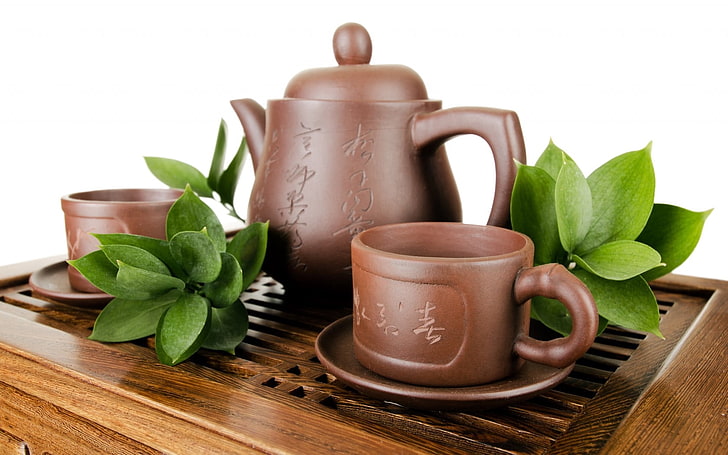 brown ceramic teapot set, cups, kettle, pottery, glassware, leaves, HD wallpaper