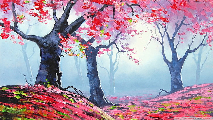 pink leaf tree, painting, forest, Graham Gercken, fall, plant